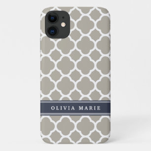Blue Personalised Name Grey Quatrefoil Pattern iPhone 11 Case