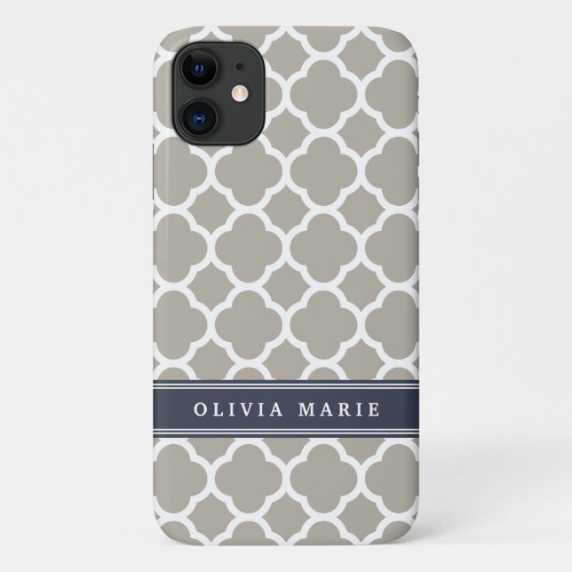 Blue Personalised Name Grey Quatrefoil Pattern Case-Mate iPhone Case (Back)