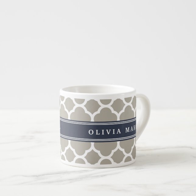 Blue Personalised Name Grey Quatrefoil Pattern Espresso Cup (Front Right)