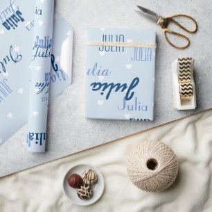 blue personalised name pattern wrapping paper