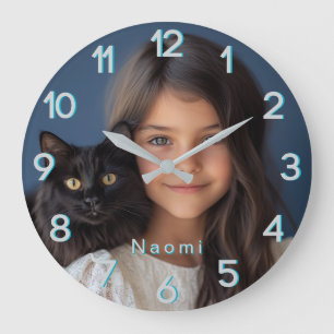 Blue Personalised Photo & Name Large Clock