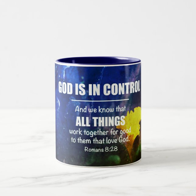 Blue Personalised ROMANS 8:28 Christian Two-Tone Coffee Mug (Center)