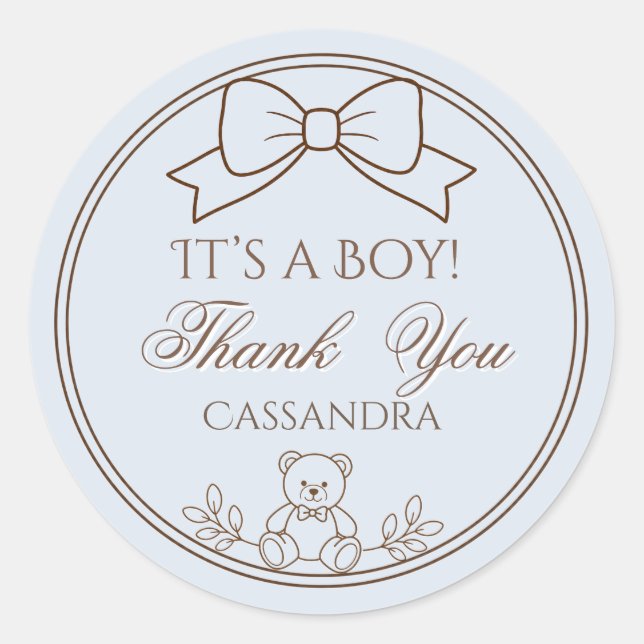 Blue Personalised Teddy Bear Bow Its a boy! Classic Round Sticker (Front)