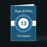 Blue Personalised Teenager 13th Birthday  Card<br><div class="desc">A personalised blue 13th birthday card for him, which you can easily personalise with the age you need along with his name on the front of the card. You can easily personalise the inside card message if you wanted. Just scroll down to "Personalise this template". A unique and personalised 13th...</div>