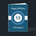 Blue Personalised Teenager 13th Birthday  Card<br><div class="desc">A personalised blue 13th birthday card for him, which you can easily personalise with the age you need along with his name on the front of the card. You can easily personalise the inside card message if you wanted. Just scroll down to "Personalise this template". A unique and personalised 13th...</div>