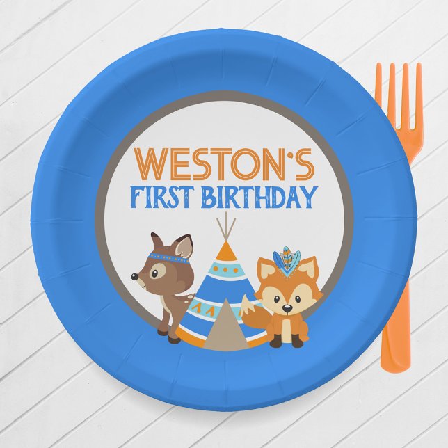 Blue Personalised Woodland Camper 1st Birthday Paper Plate (Blue One Happy Camper or Wild One First Birthday Party Plates. Featuring a Fox, Deer, and Teepee)