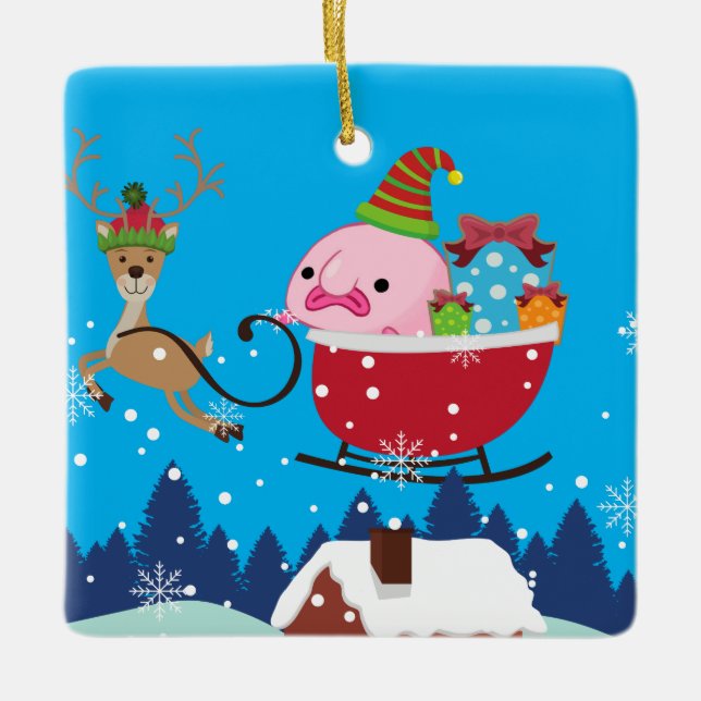 Blue Personalized Santa Blobfish Ceramic Ornament (Front)