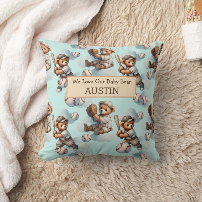 Blue Personalized Watercolor Teddy Bears Cushion (Blanket)