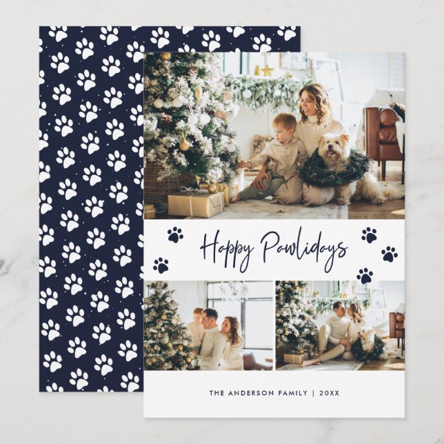 Blue Pet Owner Photo Happy Pawlidays Card (Front/Back)
