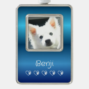 Blue Pet Photo Ornament - Vertical, Personalized Silver Plated Framed Ornament