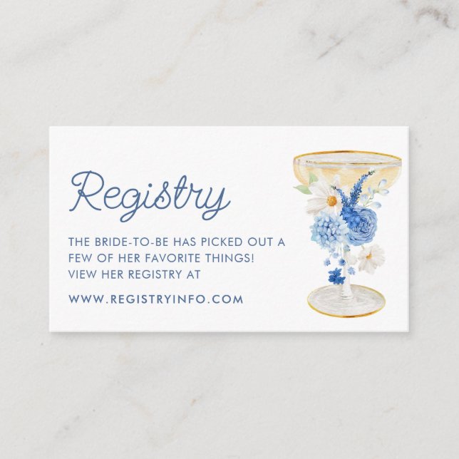 Blue Petals and Prosecco Bridal Shower Registry Enclosure Card (Front)