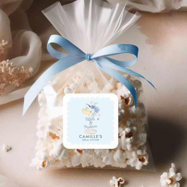 Blue Petals and Prosecco Bridal Shower Square Sticker (Square Blue Petals and prosecco favor sticker)