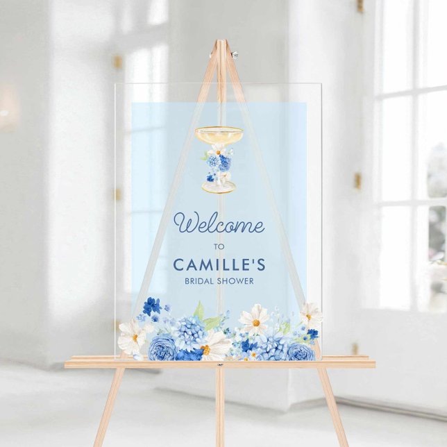 Blue Petals and Prosecco Welcome Acrylic Sign (Something Blue Floral Bridal Shower Acrylic Welcome Sign)