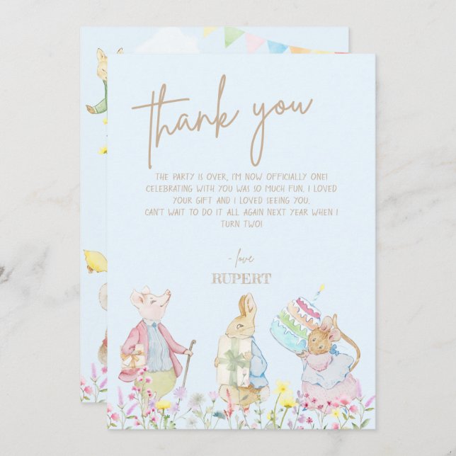 Blue Peter the Rabbit First Birthday Parade  Thank You Card (Front/Back)