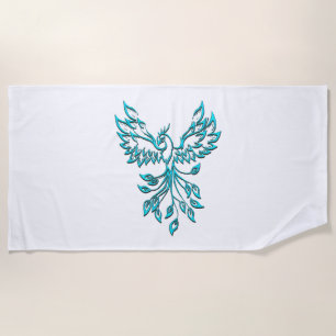 Blue Phoenix Rises on White Beach Towel