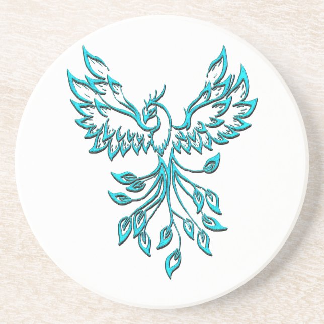 Blue Phoenix Rises on White Coaster (Front)