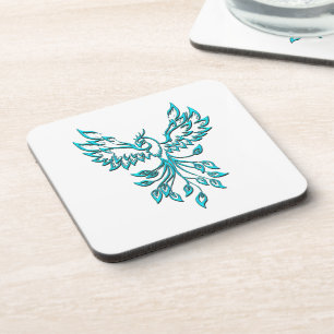 Blue Phoenix Rises on White Coaster