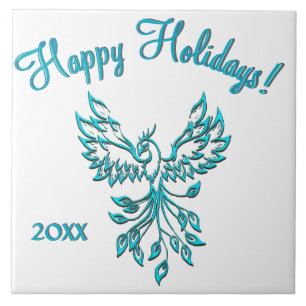 Blue Phoenix Rises on White Custom Text Ceramic Tile
