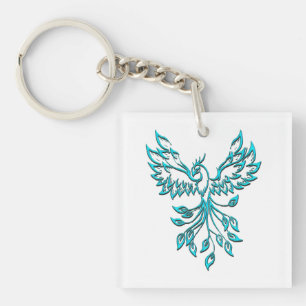 Blue Phoenix Rises on White Key Ring