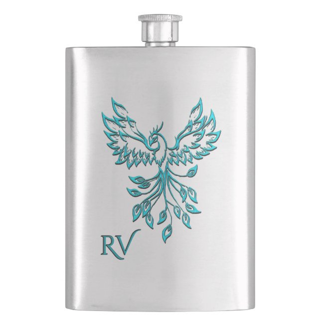 Blue Phoenix Rises on White Monogram Hip Flask (Front)