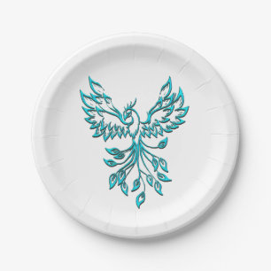 Blue Phoenix Rises on White Paper Plate