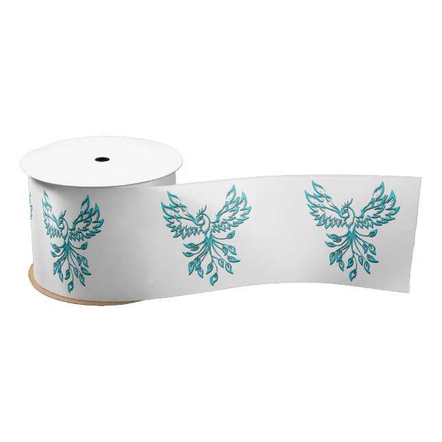 Blue Phoenix Rises on White Satin Ribbon (Spool)