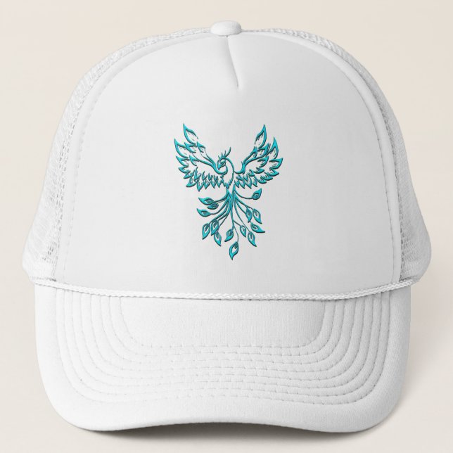 Blue Phoenix Rises on White Trucker Hat (Front)