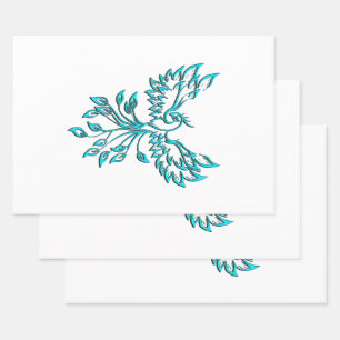 Blue Phoenix Rises on White Wrapping Paper Sheet