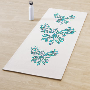 Blue Phoenix Rises on White Yoga Mat