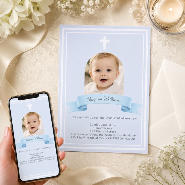 Blue Photo Arch Boy Baptism Invitation (Creator Uploaded)