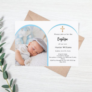 Blue photo arch boy cross Baptism Invitation