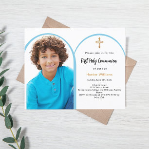 Blue photo arch boy First Communion invitation