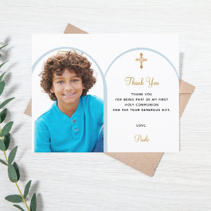 Blue photo arch boy First Communion Thank You card
