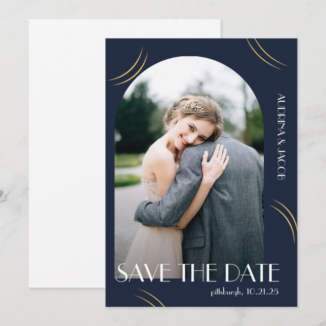 Blue Photo Big Typography Wedding Save The Date (Front/Back)