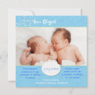 Blue Photo Birth Announcement for Twin Boys