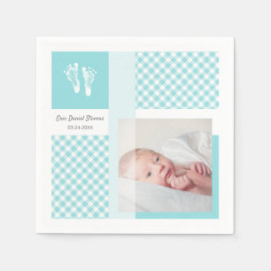 Blue Photo Birth Announcement Gingham Footprints Napkin