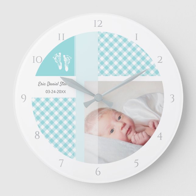 Blue Photo Birth Memento Gingham Footprints Large Clock (Front)