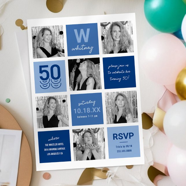 Blue Photo Collage 50th Birthday Invitation (Creator Uploaded)