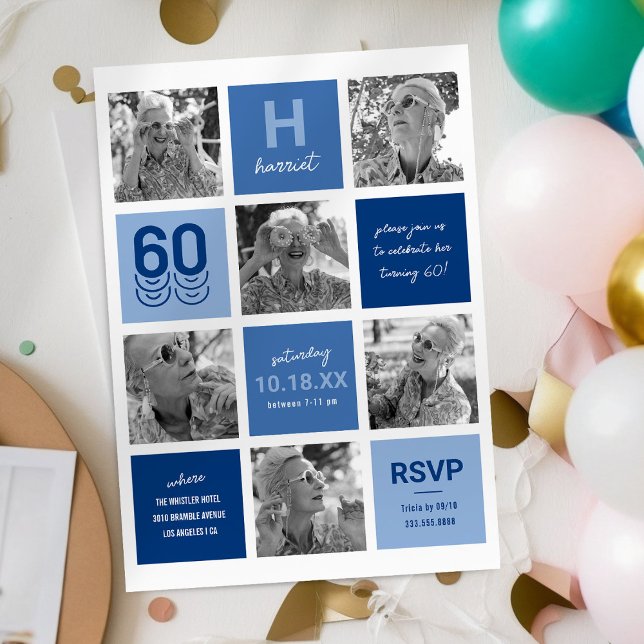 Blue Photo Collage 60th Birthday Invitation (Creator Uploaded)