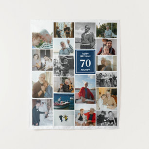 Blue Photo Collage Happy Birthday Name & Age Tapestry