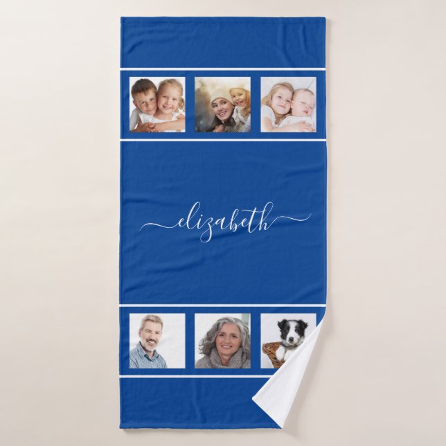 Blue photo collage monogram script bath towel (Bath Towel)