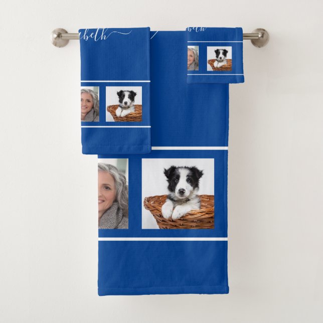 Blue photo collage monogram script bath towel set (Insitu)