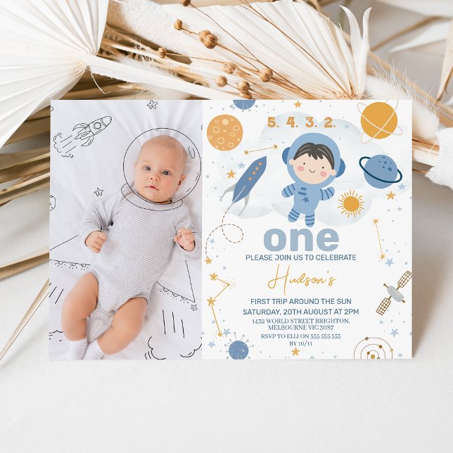 Blue Photo First Trip Around the Sun 1st Birthday Invitation (First Trip Around The Sun 1st Birthday Invitation, Boys Outer Space Birthday Invite, Blue Orange, )