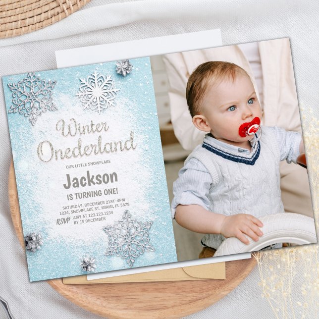 Blue Photo Glitter Winter ONEderland Invitations (Blue Photo Glitter Winter ONEderland Invitations)