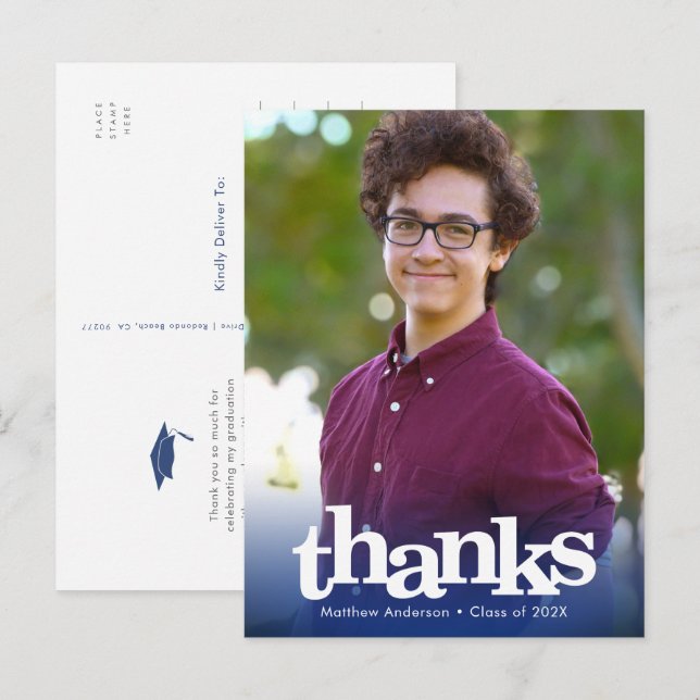 Blue photo graduation bold typography thank you postcard (Front/Back)