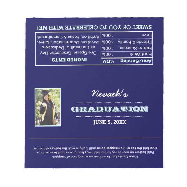 Blue Photo Graduation Favor Candy Wrappers Notepad (Front)