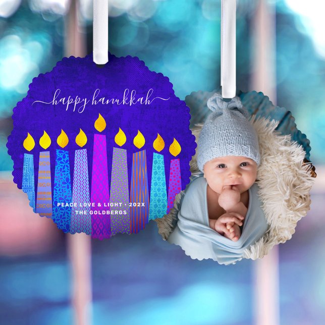 Blue Photo Hanukkah Menorah Candles Modern Boho Tree Decoration Card (Creator Uploaded)