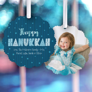 Blue Photo Happy Hanukkah Typography Star of David Tree Decoration Card