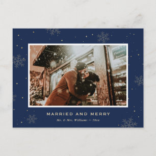 Blue Photo Married and Merry Newlywed Christmas Holiday Postcard