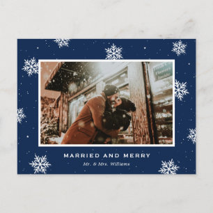 Blue Photo Married and Merry Newlywed Holiday Postcard